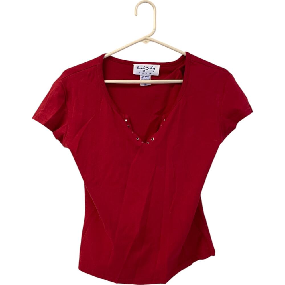 Rene Derhy T Shirt Small Petite Silver Snap V Neck Cap Sleeve Cotton Stretch Red